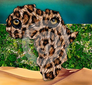 Background of the continent of Africa, with leopard skin