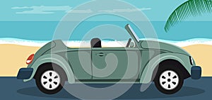 Background of a convertible green classic car parked on the beach in summer