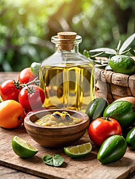 Background of cooking ingredients. Olive oil and fresh vegetables and fruits on a wooden table