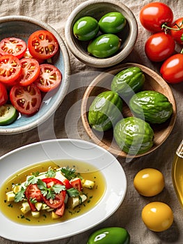 Background of cooking ingredients. Olive oil and fresh vegetables and fruits on a wooden table