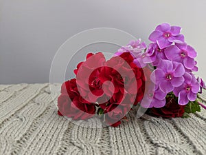 Background with cozy knit and flowers