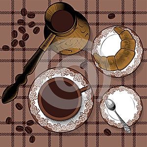Background with a Cup of hot drink  fresh croissants  coffee spoon  Turk coffee