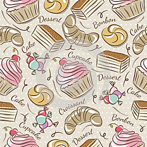 Background with cupcake, croissant, cake and bonbon