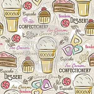 Background with cupcake, ice cream, cake and cookie, vector