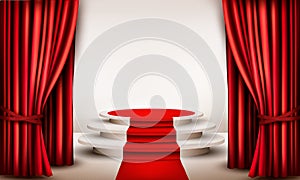 Background with curtains and red carpet leading to a podium.