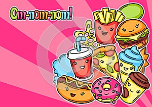 Background with cute kawaii fast food meal.