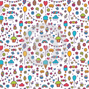 Background for cute little boys and girls. Doodle celebration objects.