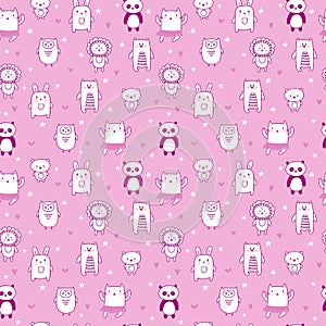Background for cute little girls. Hand drawn seamless pattern for children with funny animals. Doodle children drawing background.