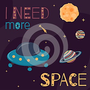 Background with cute spaceship, planets and moon in cartoon style.
