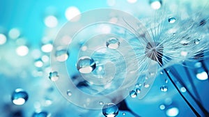 Background of dandelion seeds in blue and turquoise transparent water droplets