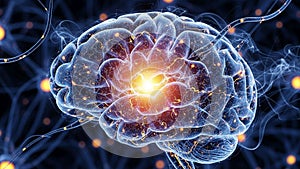 The background is dark, accentuating the glowing elements within the brain