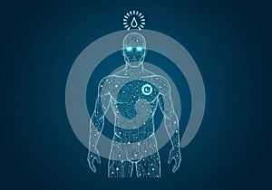 The background is a dark blue, enhancing the technological theme