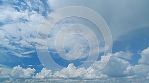 Background of dark dramatic sky with stormy clouds. Moving white puffy clouds on blue sky.Time lapse.