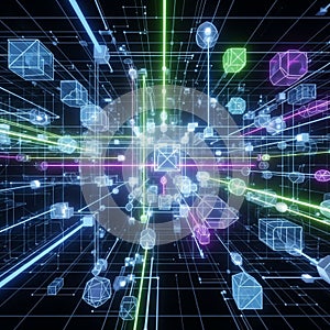 The background is dark, emphasizing the vibrant glow of the elements