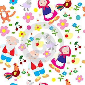 background of decorative grandmothers, grandfathers, flowers in folk Russian style, for children