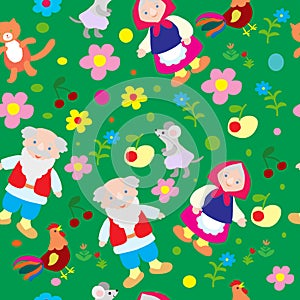 Background of decorative grandmothers, grandfathers, flowers in folk Russian style, for children
