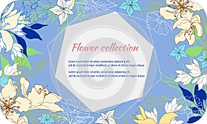 Background with delicate painted flowers. Elegant text frame. Spring flowers on a blue background. Vector illustration