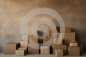Background delivery pack cardboard carton moving package boxes room object stack pile background shipping