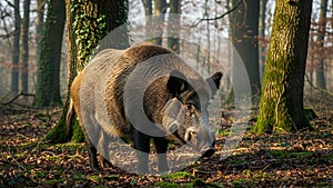Background is dense with thick tree trunks and a scattering of fallen