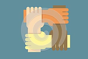 Background design with hands from people of different ethnicities together as one. Vector illustration for concepts of community,