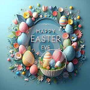 Background design of happy easter eve, with easter eggs and flowers, basket of easter eggs, simple design