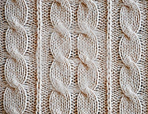 Background for the design. the texture of the knitted fabric. braids are knitted with woolen threads. an element of the interior.