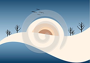 landscape with sun and tree bird blue sky background design vector illustrations