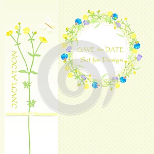 Background for design, wildflowers, flower wreath and banner, save the date. vector illustration