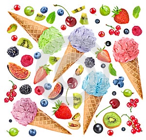 Background of different berries and colorful ice cream