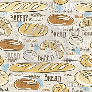 Background with different breads, croissant, wheat and text.