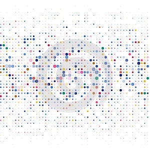 Background of different colored dots of different sizes located in different density on white.