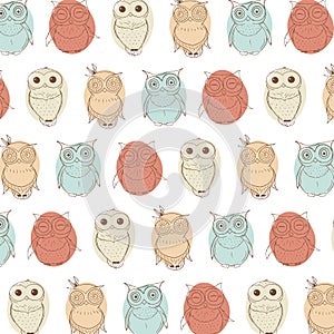 Background With Different Little Owls. Creative Hand Drawn Texture