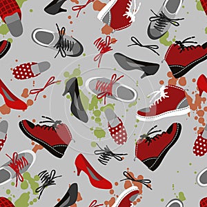 Background of different shoes red gray seamless background with splashes