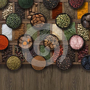 Background with different spices and seeds