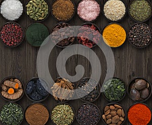 Background with different spices and seeds