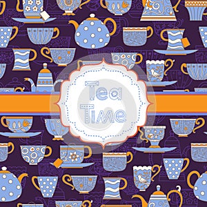 Background with different teacups and teapots