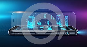 Background is a digital grid with a gradient of blue and purple