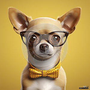 background dog animal puppy glasses pet yellow white chihuahua cute portrait. Generative AI. photo