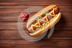 background dog hot sausage bread american meat food ketchup fast sauce. Generative AI.