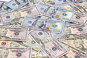 Background of dollar bills. American Dollars Cash Money. One hundred dollars, fifty dollars, ten dollars Banknotes. Hundred Bucks