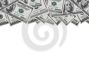 Background of 100 dollar bills on a white background with a place for records, copy space