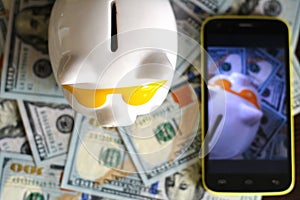 Background dollars money and piggy bank take picture smartphone