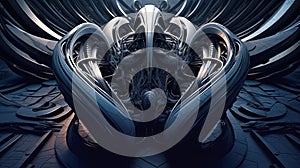 Background, dragon art with symmetrical figura serpentinata. Dark silver and dark indigo colors. Generative AI