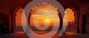 In the background is a dramatic sunset sky with an arch silhouette in an old temple. Free space for text can be added on