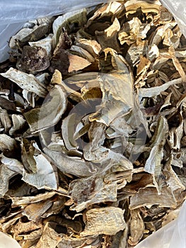 Background of dried edible mushrooms on the market closed up top view.