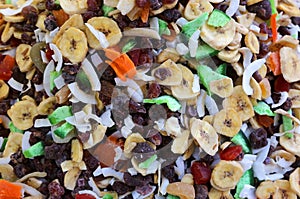 Background with dried fruit with banana coconut and other tropic