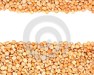 Background with dried yellow peas close-up, top view with epmty space for your text