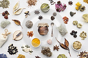 Background from dry medicinal herbs, plants, roots, ingredients for making herbal medicine remedies.