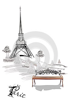 Background with the Eiffel Tower and a bench in the Parisian park.