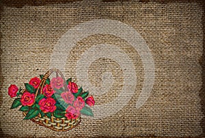 background with embroidered basket of roses